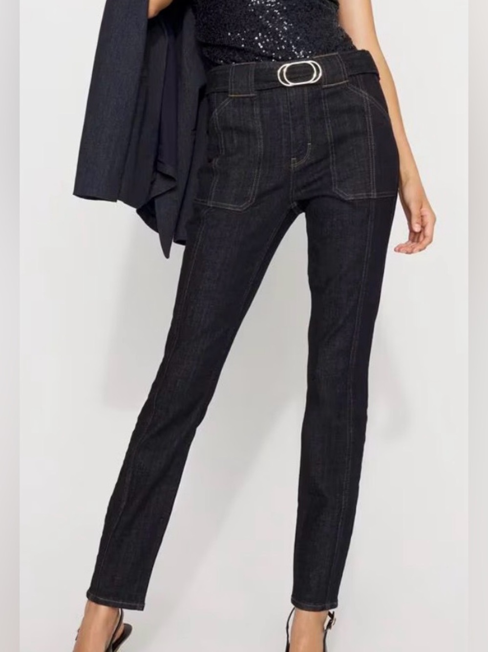 WHBM Women’s Dark Indigo High-Rise Straight Jeans Belt 10 Preppy Modern Utility